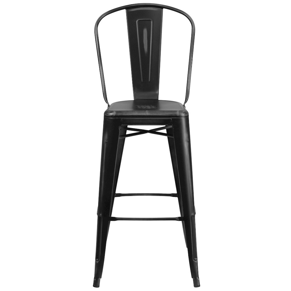 Commercial Grade 30" High Distressed Black Metal Indoor-Outdoor Barstool with Back. Picture 5