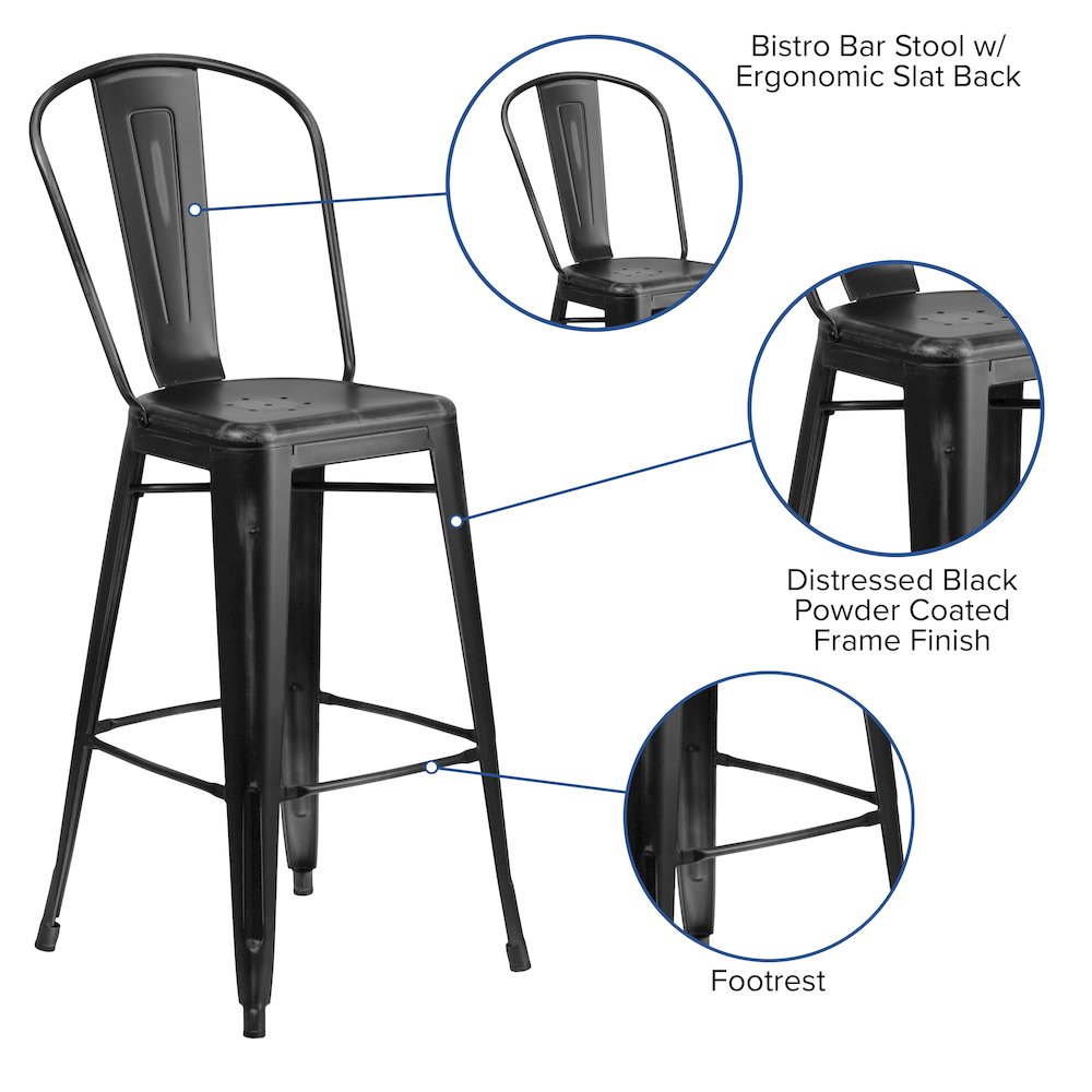 Commercial Grade 30" High Distressed Black Metal Indoor-Outdoor Barstool with Back. Picture 6