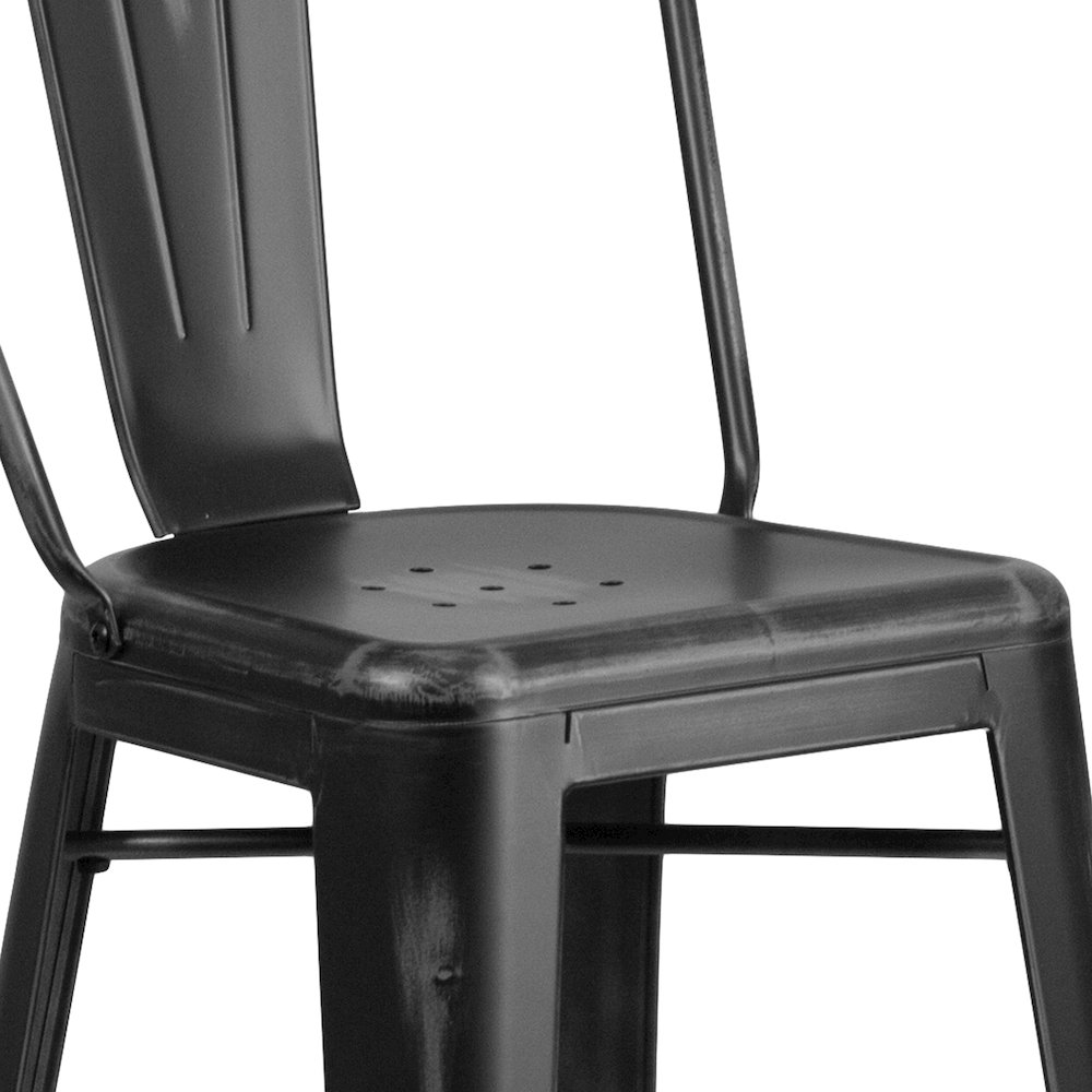 Commercial Grade 30" High Distressed Black Metal Indoor-Outdoor Barstool with Back. Picture 7