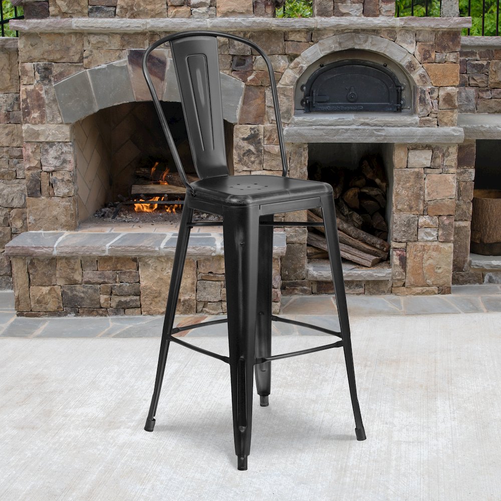 30" High Distressed Black Metal Indoor-Outdoor Barstool with Back. Picture 2