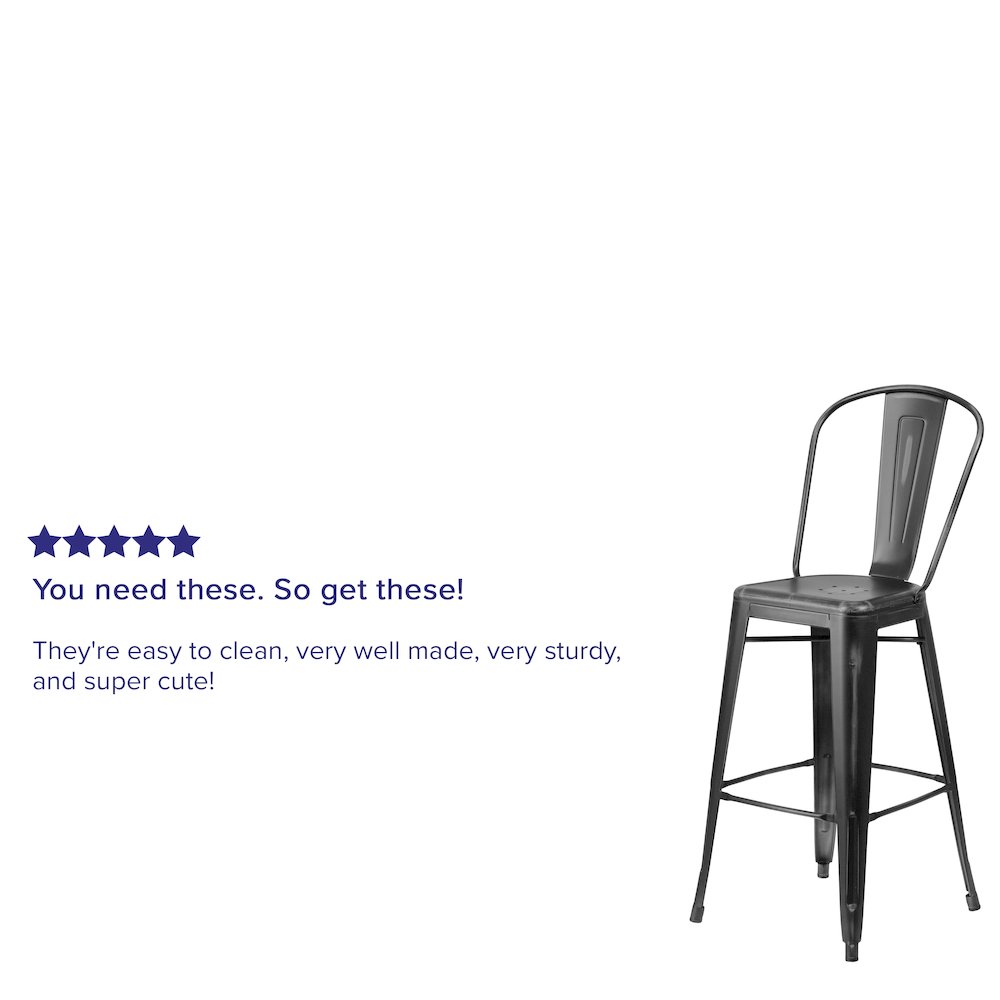 Commercial Grade 30" High Distressed Black Metal Indoor-Outdoor Barstool with Back. Picture 9