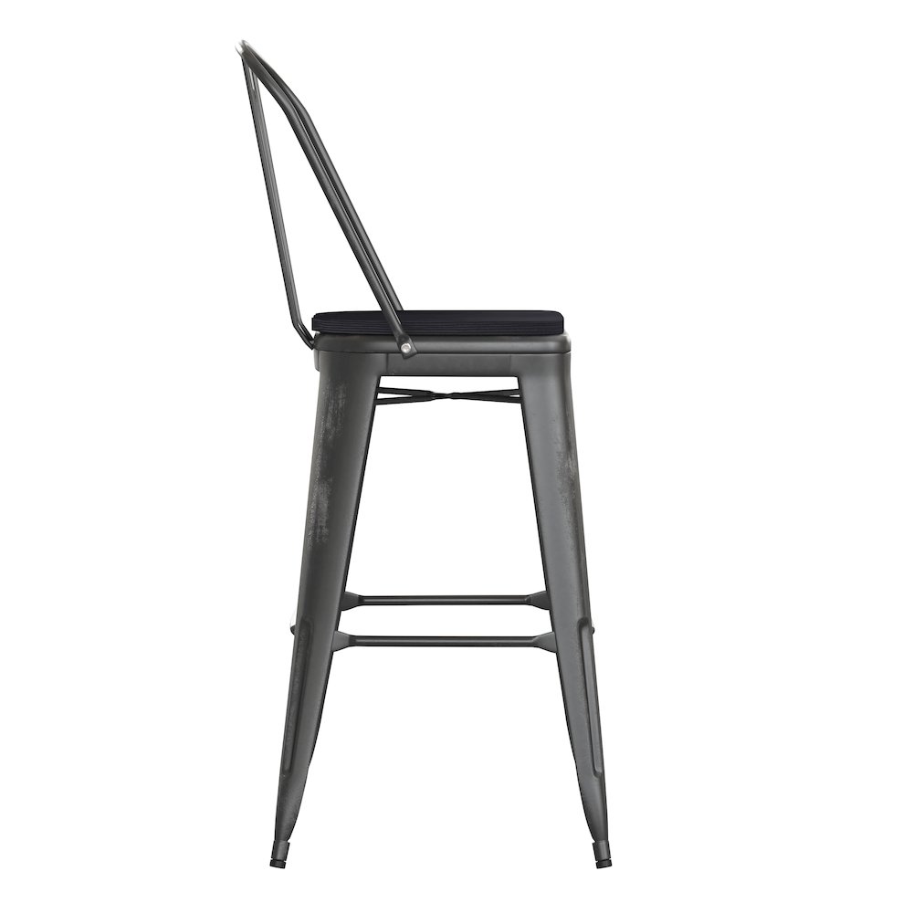 30" High Black Metal Indoor-Outdoor Barstool with Black Poly Resin Wood Seat. Picture 10