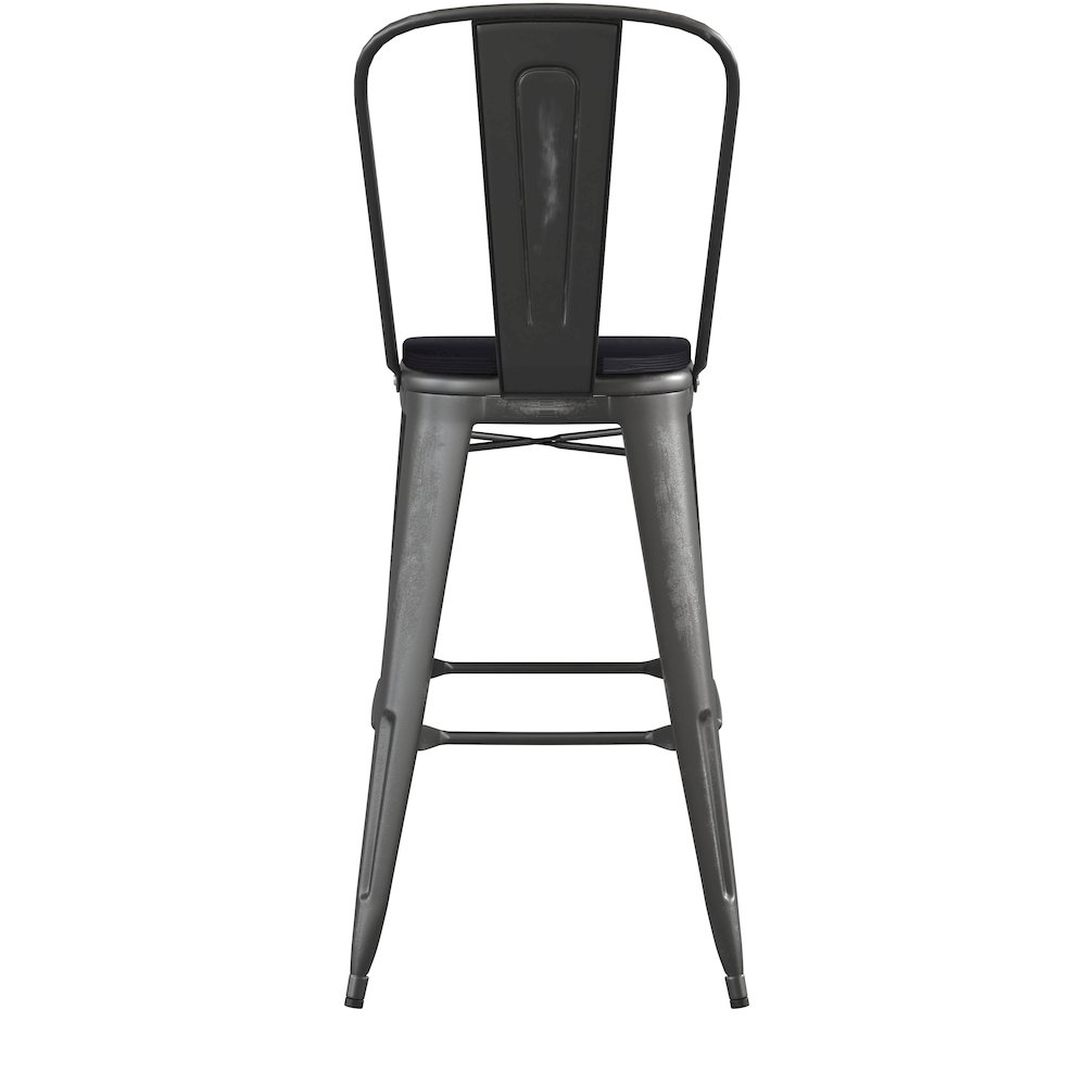 30" High Black Metal Indoor-Outdoor Barstool with Black Poly Resin Wood Seat. Picture 9