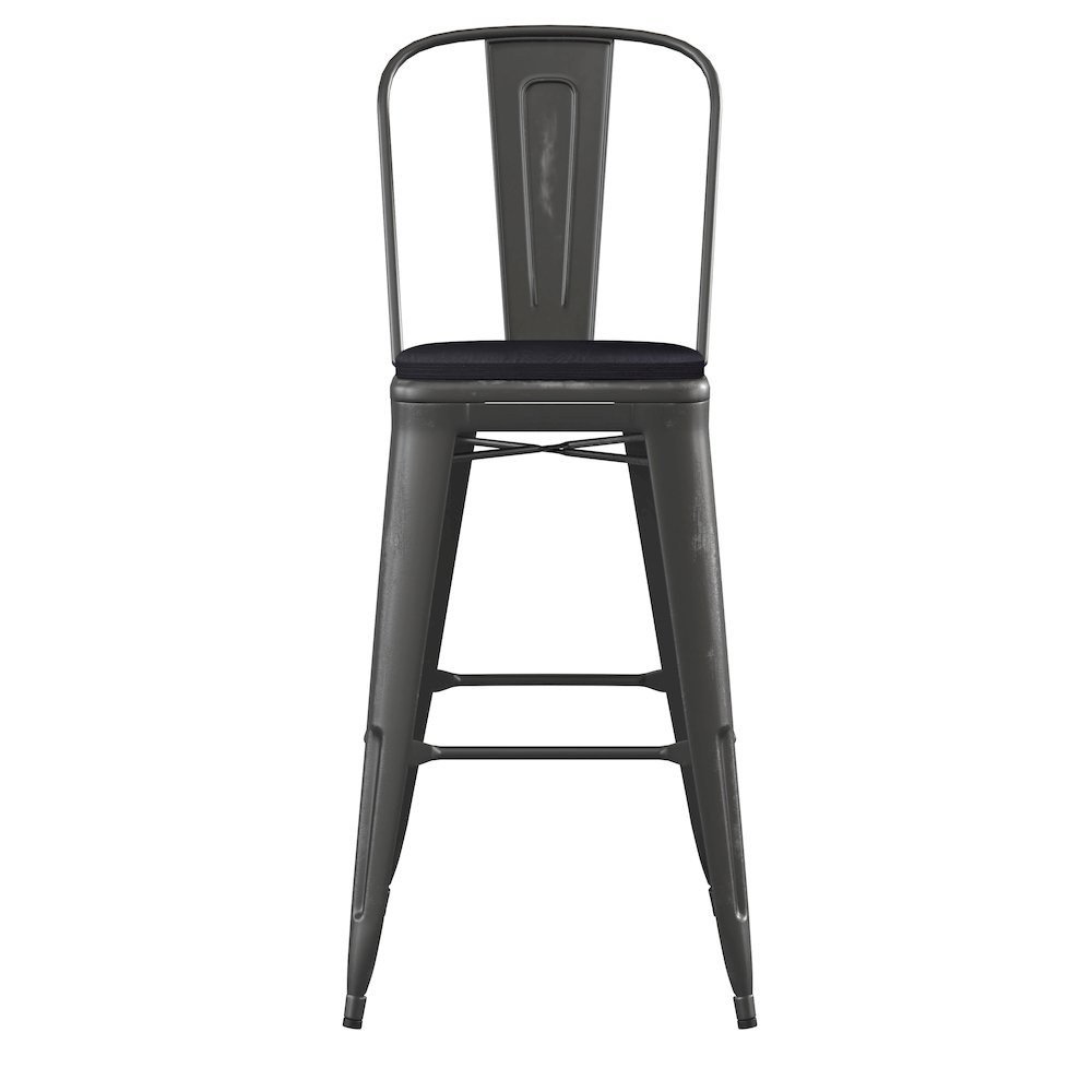 30" High Black Metal Indoor-Outdoor Barstool with Black Poly Resin Wood Seat. Picture 11