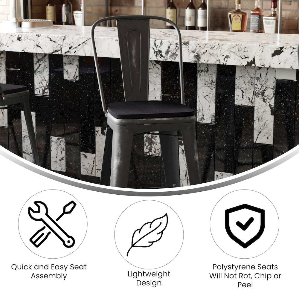 30" High Black Metal Indoor-Outdoor Barstool with Black Poly Resin Wood Seat. Picture 4