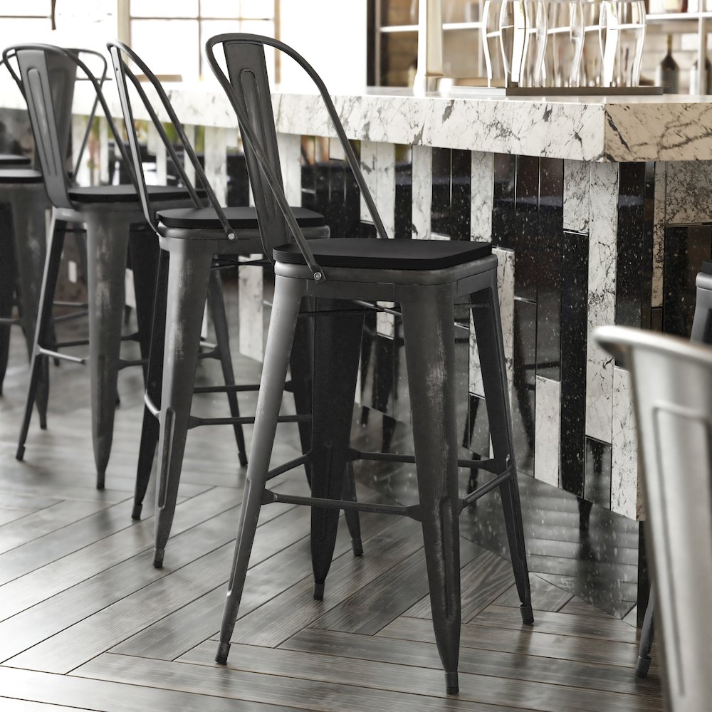 30" High Black Metal Indoor-Outdoor Barstool with Black Poly Resin Wood Seat. Picture 2