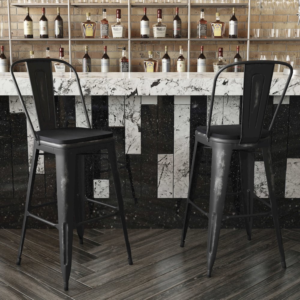30" High Black Metal Indoor-Outdoor Barstool with Black Poly Resin Wood Seat. Picture 7