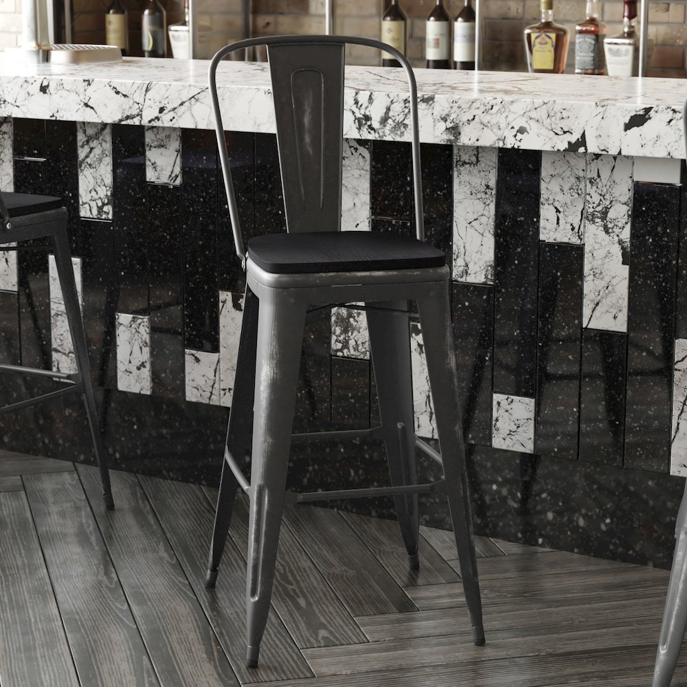 30" High Black Metal Indoor-Outdoor Barstool with Black Poly Resin Wood Seat. Picture 8