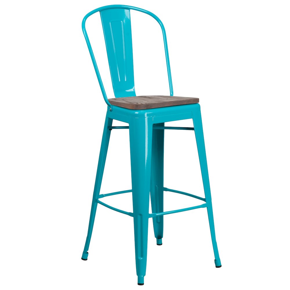 30" High Crystal Teal-Blue Metal Barstool with Back and Wood Seat. Picture 1