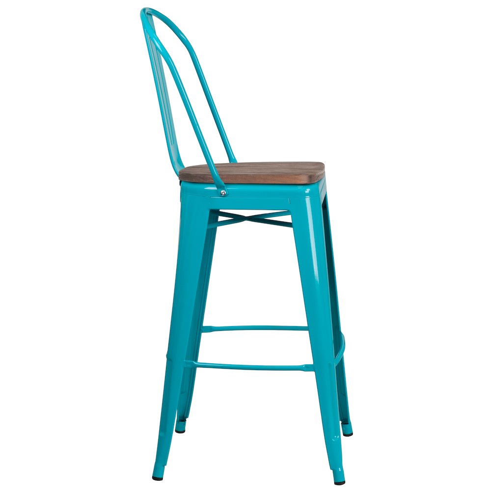 30" High Crystal Teal-Blue Metal Barstool with Back and Wood Seat. Picture 5