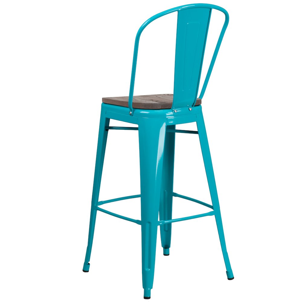 30" High Crystal Teal-Blue Metal Barstool with Back and Wood Seat. Picture 4