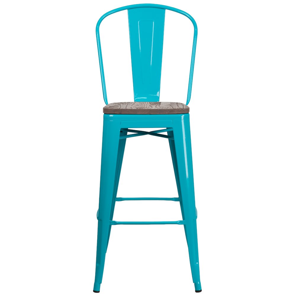 30" High Crystal Teal-Blue Metal Barstool with Back and Wood Seat. Picture 6