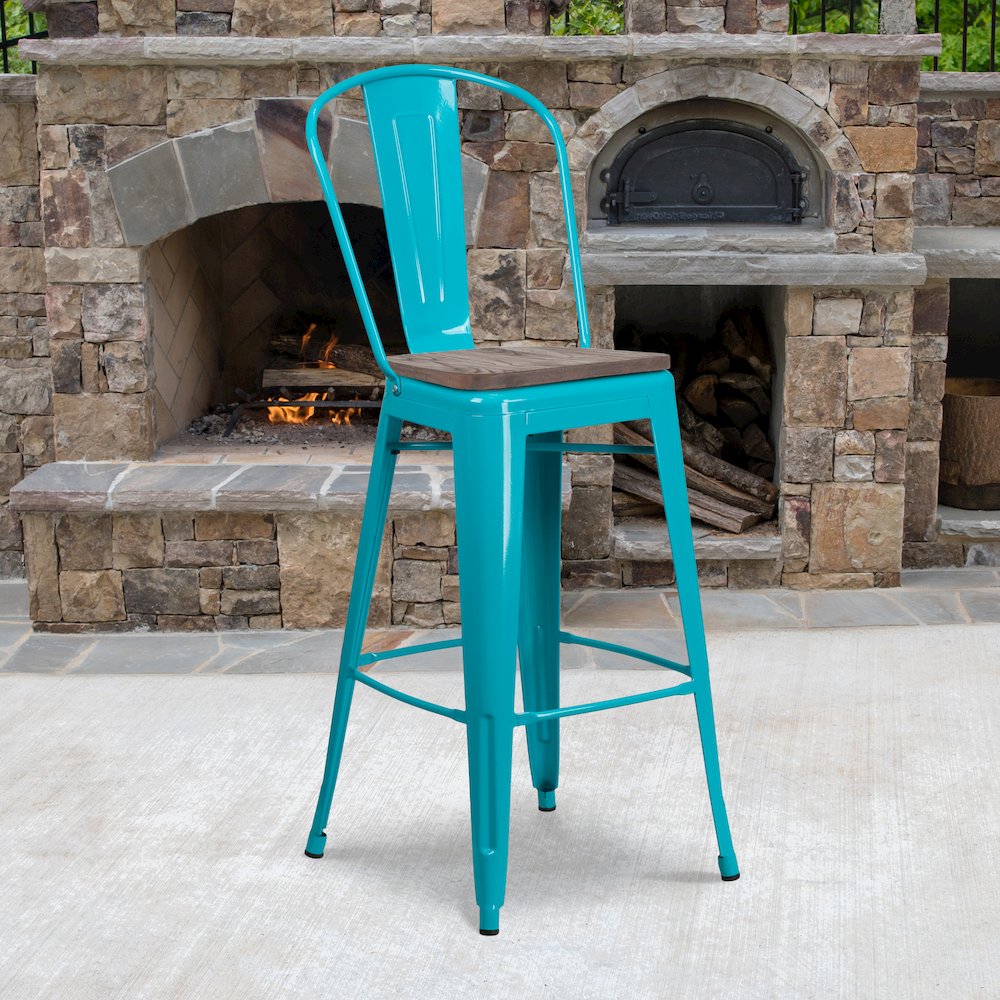 30" High Crystal Teal-Blue Metal Barstool with Back and Wood Seat. Picture 2