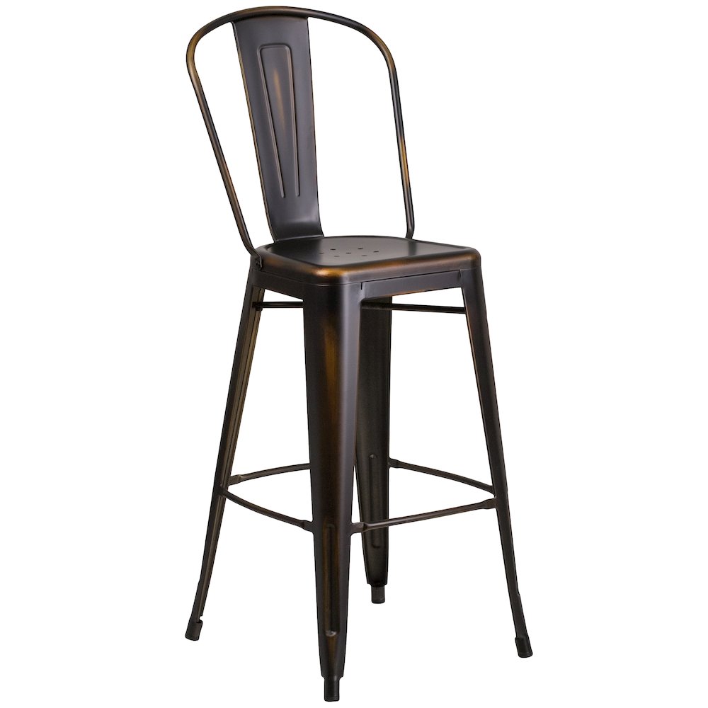 30" High Distressed Copper Metal Indoor-Outdoor Barstool with Back. Picture 1