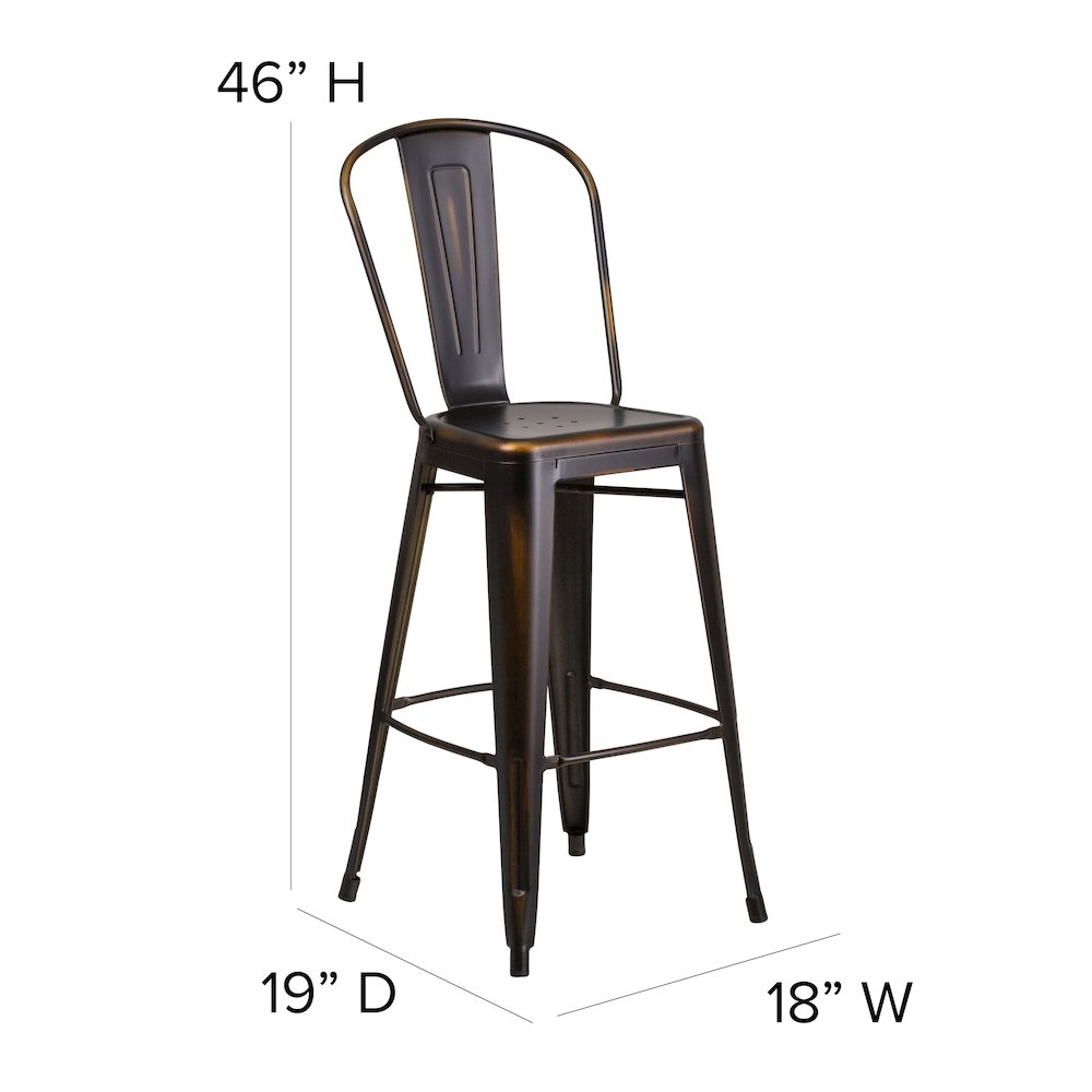 30" High Distressed Copper Metal Indoor-Outdoor Barstool with Back. Picture 6