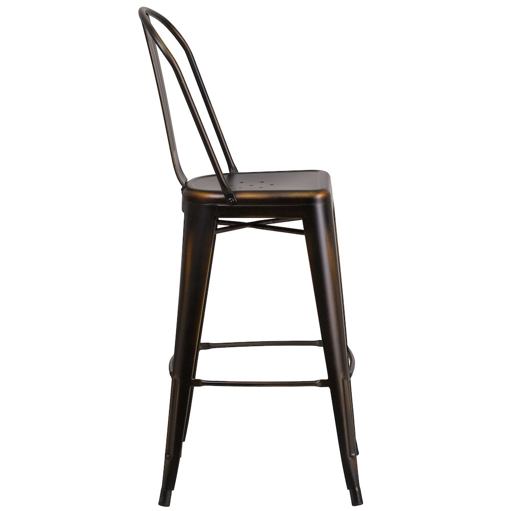 30" High Distressed Copper Metal Indoor-Outdoor Barstool with Back. Picture 9