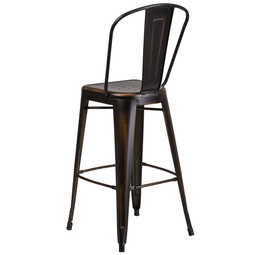 30" High Distressed Copper Metal Indoor-Outdoor Barstool with Back. Picture 7