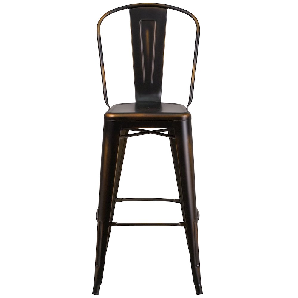 30" High Distressed Copper Metal Indoor-Outdoor Barstool with Back. Picture 10