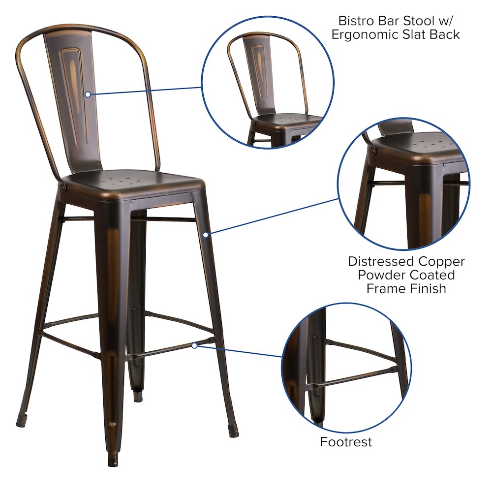 30" High Distressed Copper Metal Indoor-Outdoor Barstool with Back. Picture 5