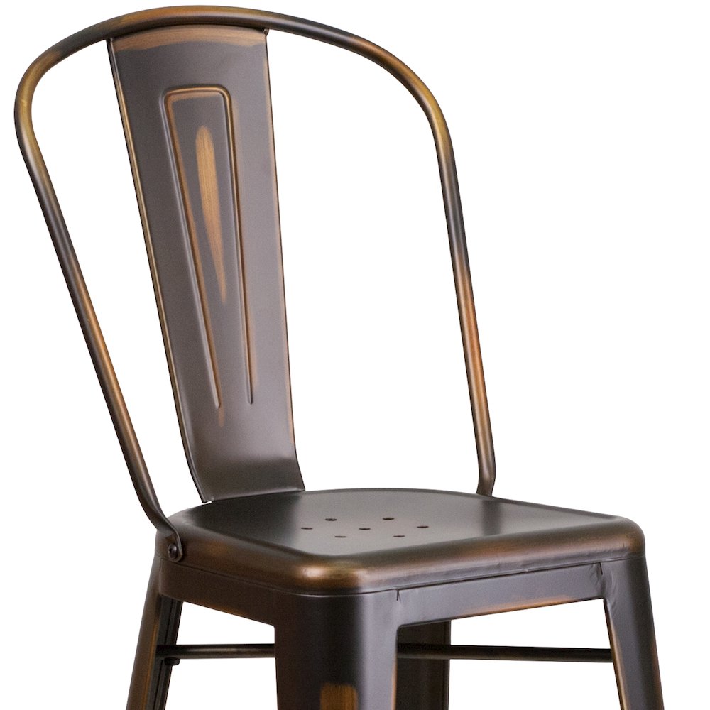 30" High Distressed Copper Metal Indoor-Outdoor Barstool with Back. Picture 11