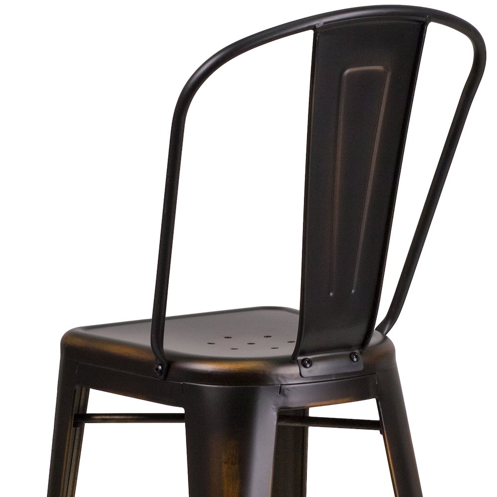 30" High Distressed Copper Metal Indoor-Outdoor Barstool with Back. Picture 8