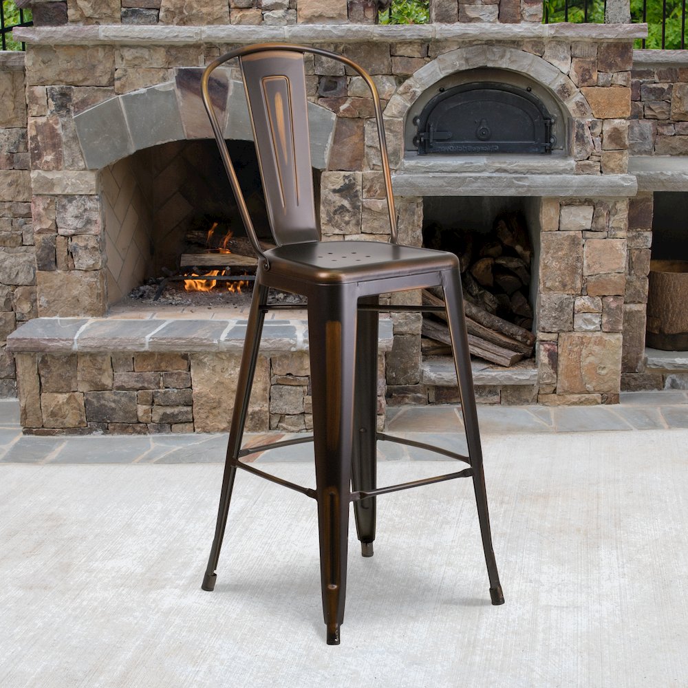 30" High Distressed Copper Metal Indoor-Outdoor Barstool with Back. Picture 2