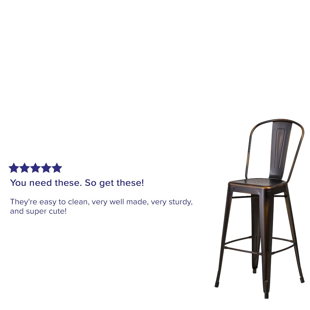 30" High Distressed Copper Metal Indoor-Outdoor Barstool with Back. Picture 4