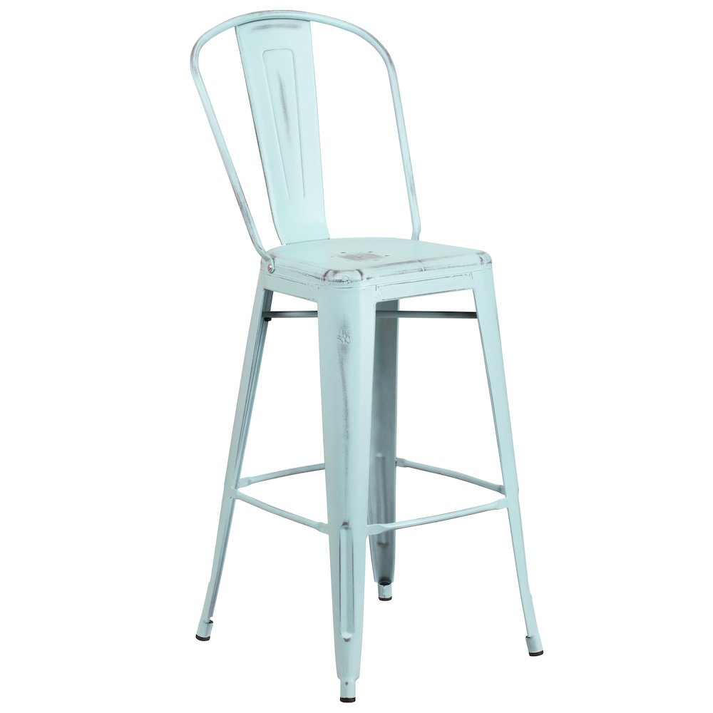30" High Distressed Green-Blue Metal Indoor-Outdoor Barstool with Back. Picture 1