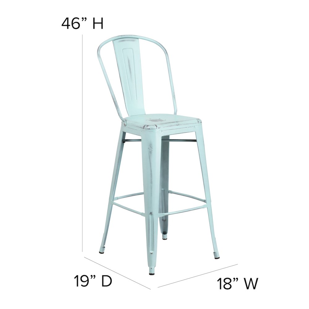 30" High Distressed Green-Blue Metal Indoor-Outdoor Barstool with Back. Picture 6