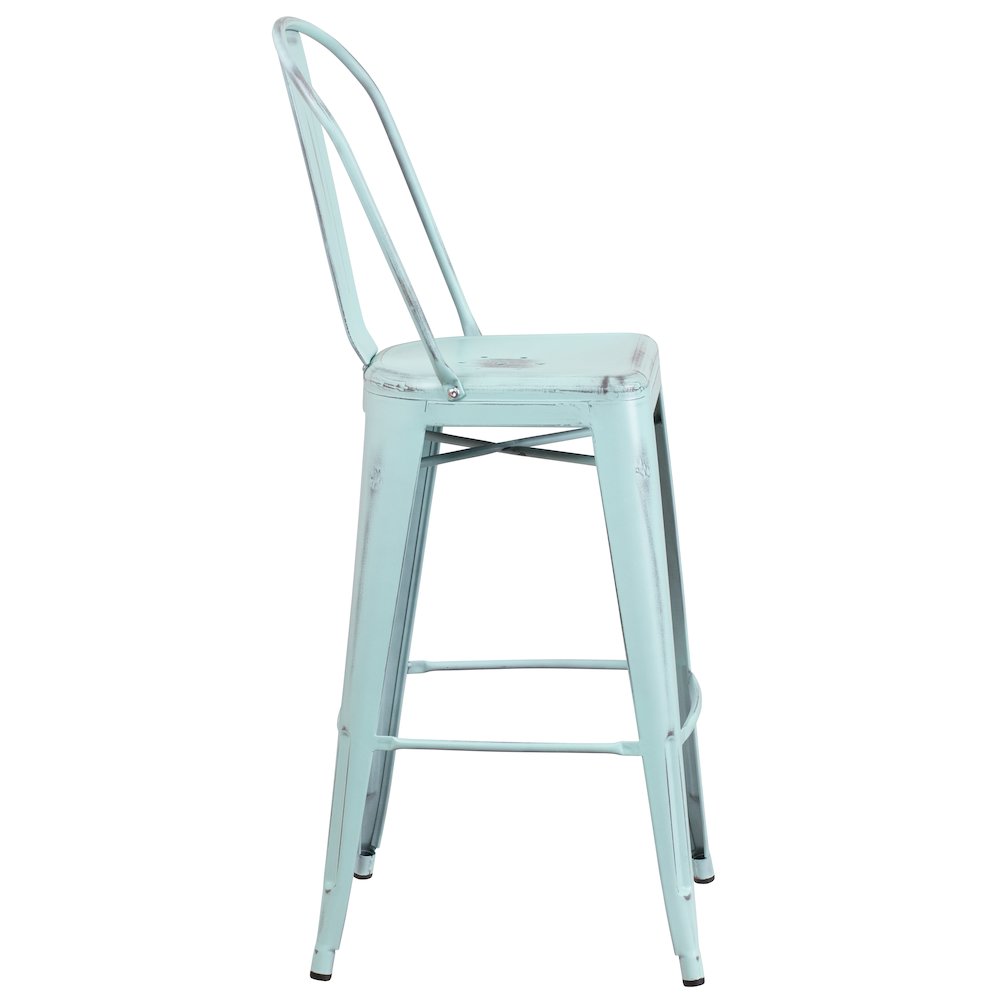 30" High Distressed Green-Blue Metal Indoor-Outdoor Barstool with Back. Picture 9