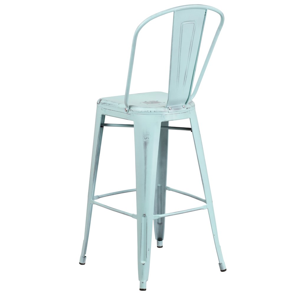 30" High Distressed Green-Blue Metal Indoor-Outdoor Barstool with Back. Picture 7