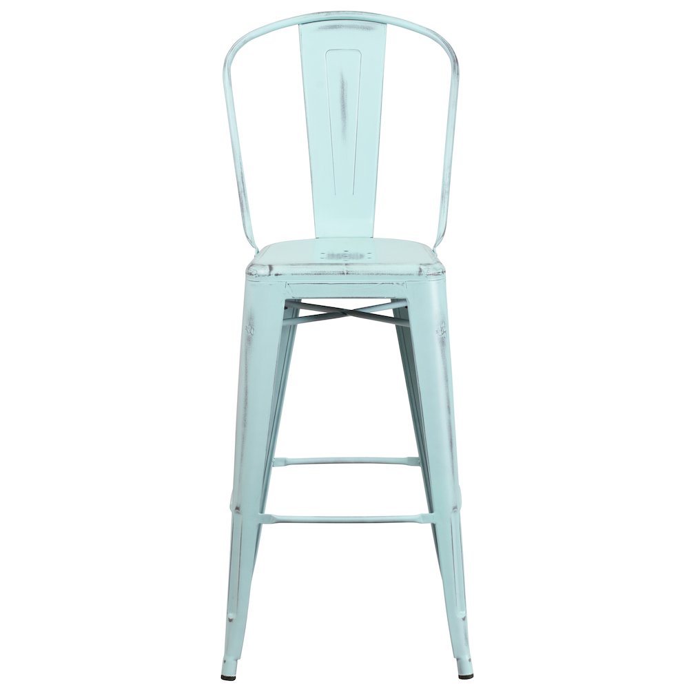 30" High Distressed Green-Blue Metal Indoor-Outdoor Barstool with Back. Picture 10