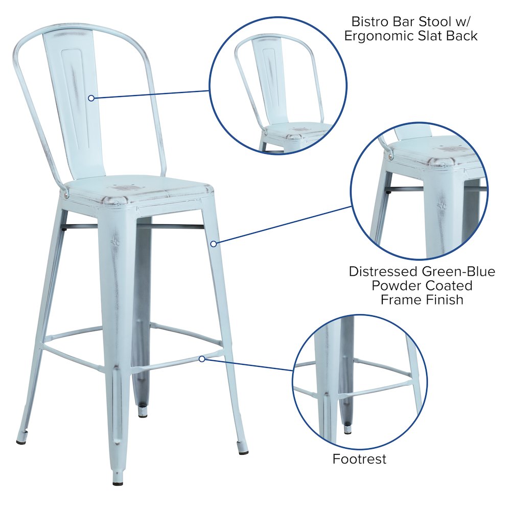 30" High Distressed Green-Blue Metal Indoor-Outdoor Barstool with Back. Picture 5