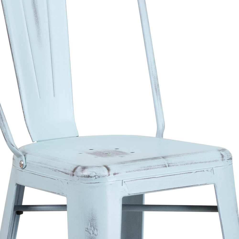 30" High Distressed Green-Blue Metal Indoor-Outdoor Barstool with Back. Picture 11
