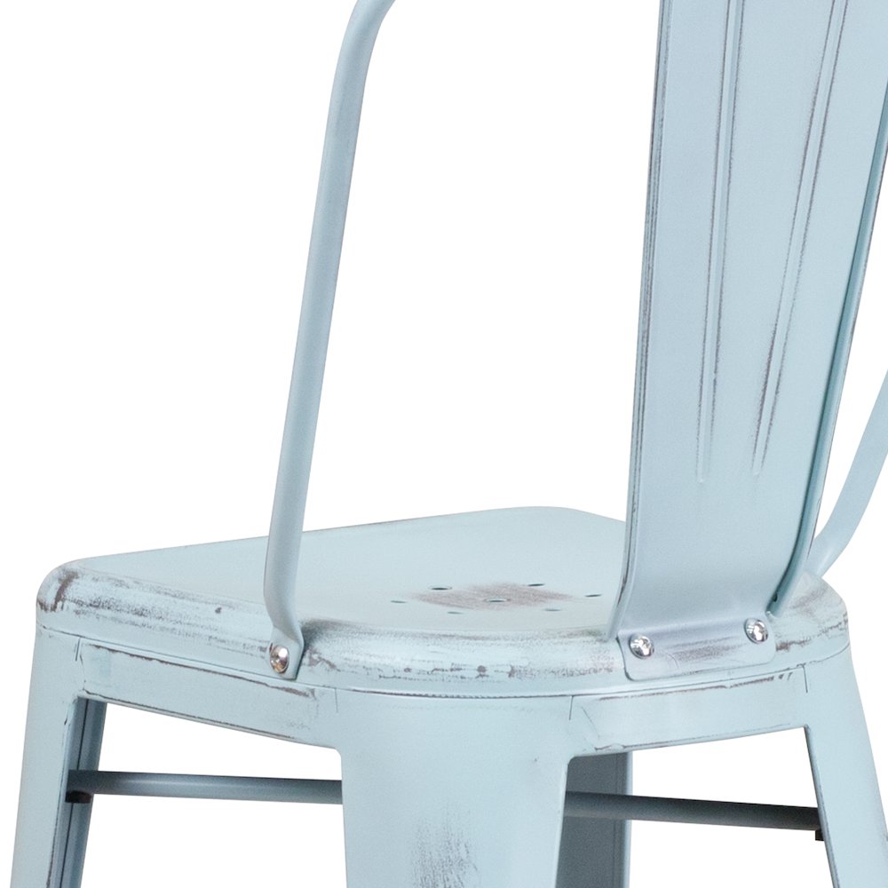30" High Distressed Green-Blue Metal Indoor-Outdoor Barstool with Back. Picture 8