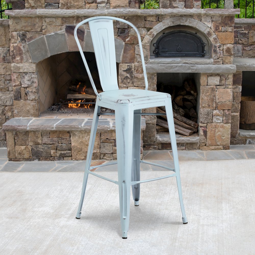 30" High Distressed Green-Blue Metal Indoor-Outdoor Barstool with Back. Picture 2