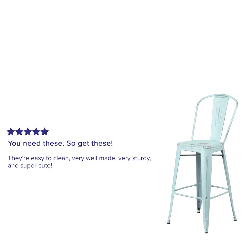 30" High Distressed Green-Blue Metal Indoor-Outdoor Barstool with Back. Picture 4