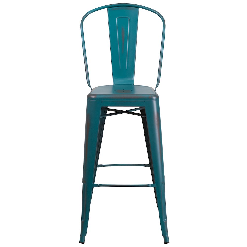 Commercial Grade 30" High Distressed Kelly Blue-Teal Metal Indoor-Outdoor Barstool with Back. Picture 5