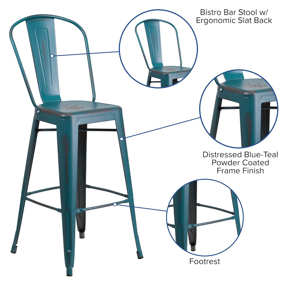 30" High Distressed Kelly Blue-Teal Metal Indoor-Outdoor Barstool with Back. Picture 5