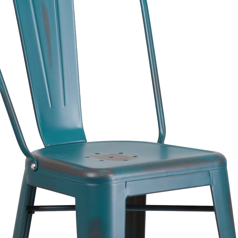 30" High Distressed Kelly Blue-Teal Metal Indoor-Outdoor Barstool with Back. Picture 11