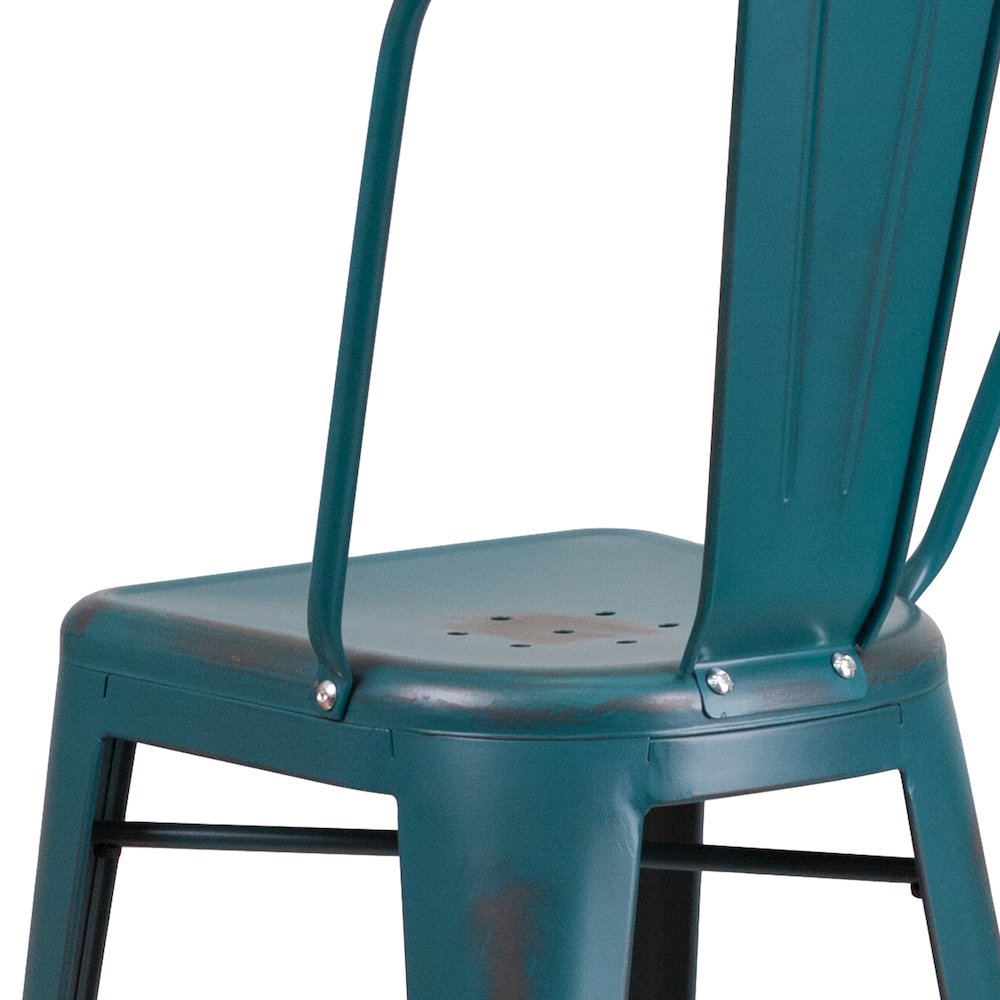 30" High Distressed Kelly Blue-Teal Metal Indoor-Outdoor Barstool with Back. Picture 8