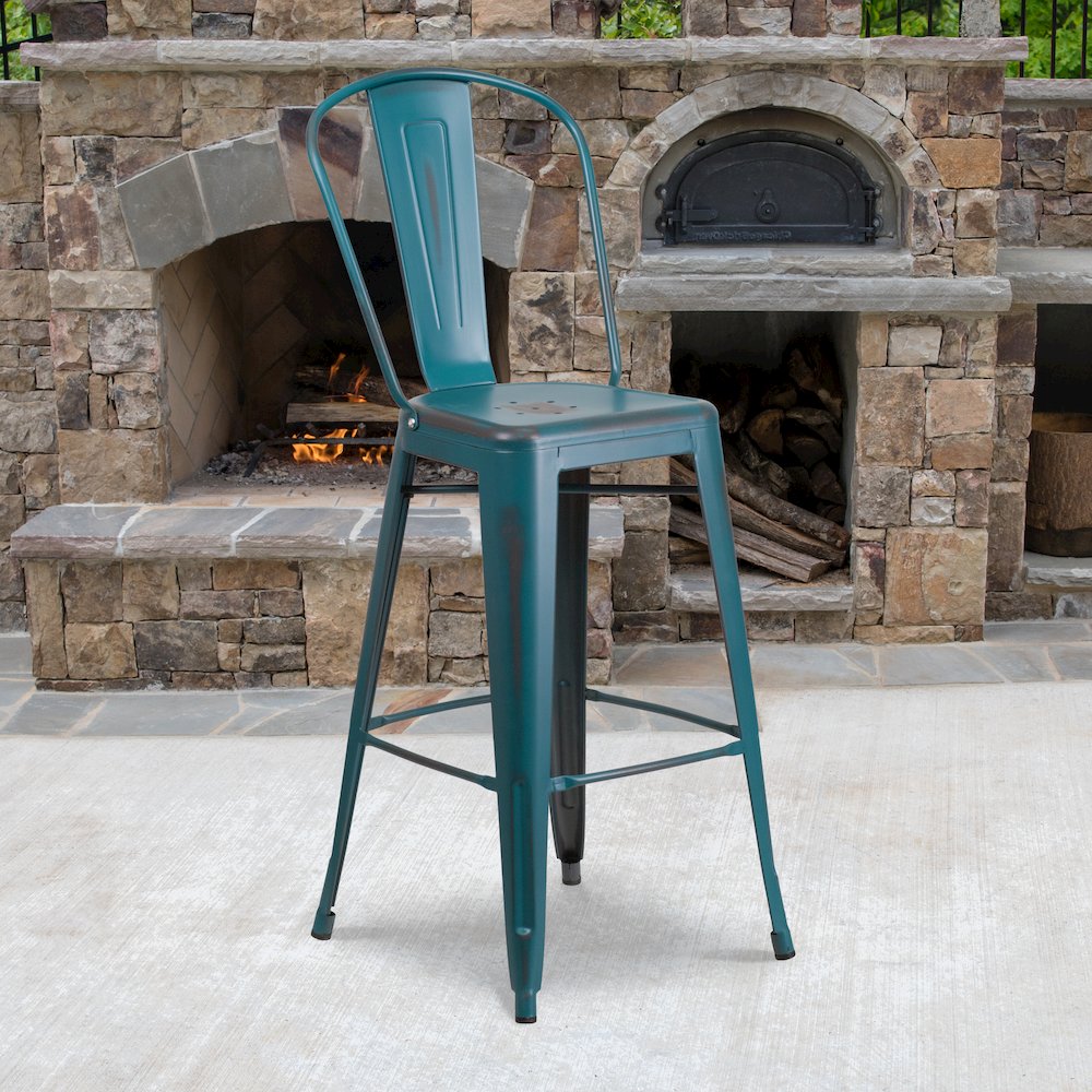 30" High Distressed Kelly Blue-Teal Metal Indoor-Outdoor Barstool with Back. Picture 2