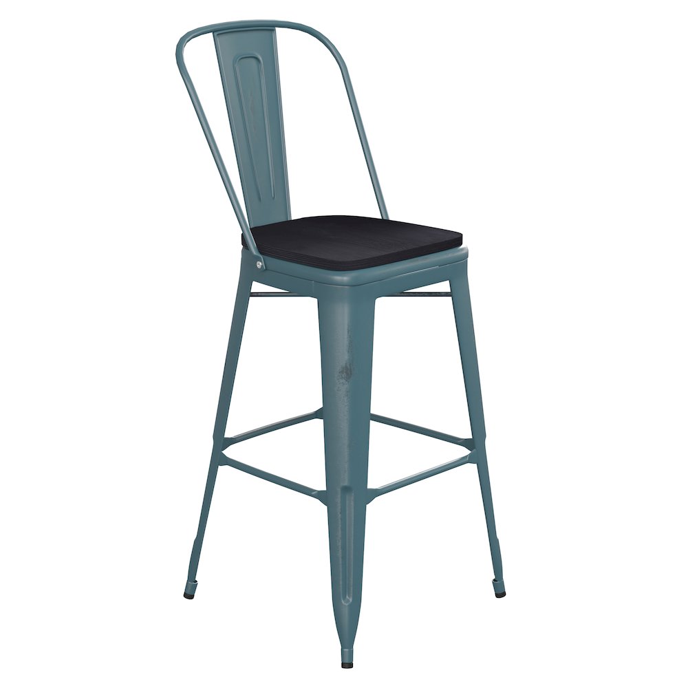 30" High Kelly Blue-Teal Metal Indoor-Barstool with Black Poly Resin Wood Seat. Picture 1