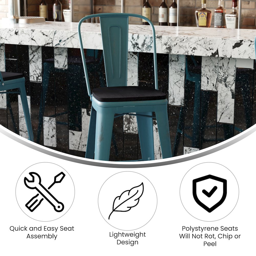 30" High Kelly Blue-Teal Metal Indoor-Barstool with Black Poly Resin Wood Seat. Picture 4