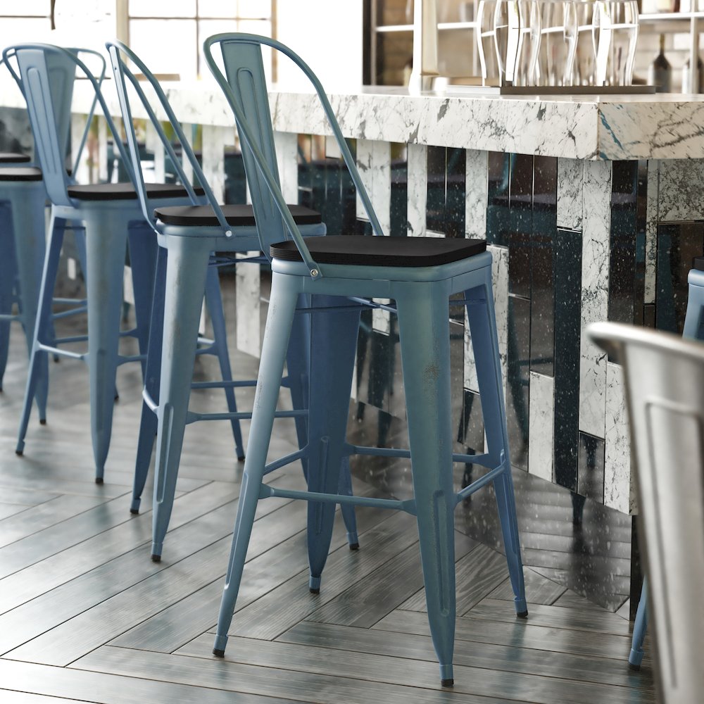 30" High Kelly Blue-Teal Metal Indoor-Barstool with Black Poly Resin Wood Seat. Picture 2