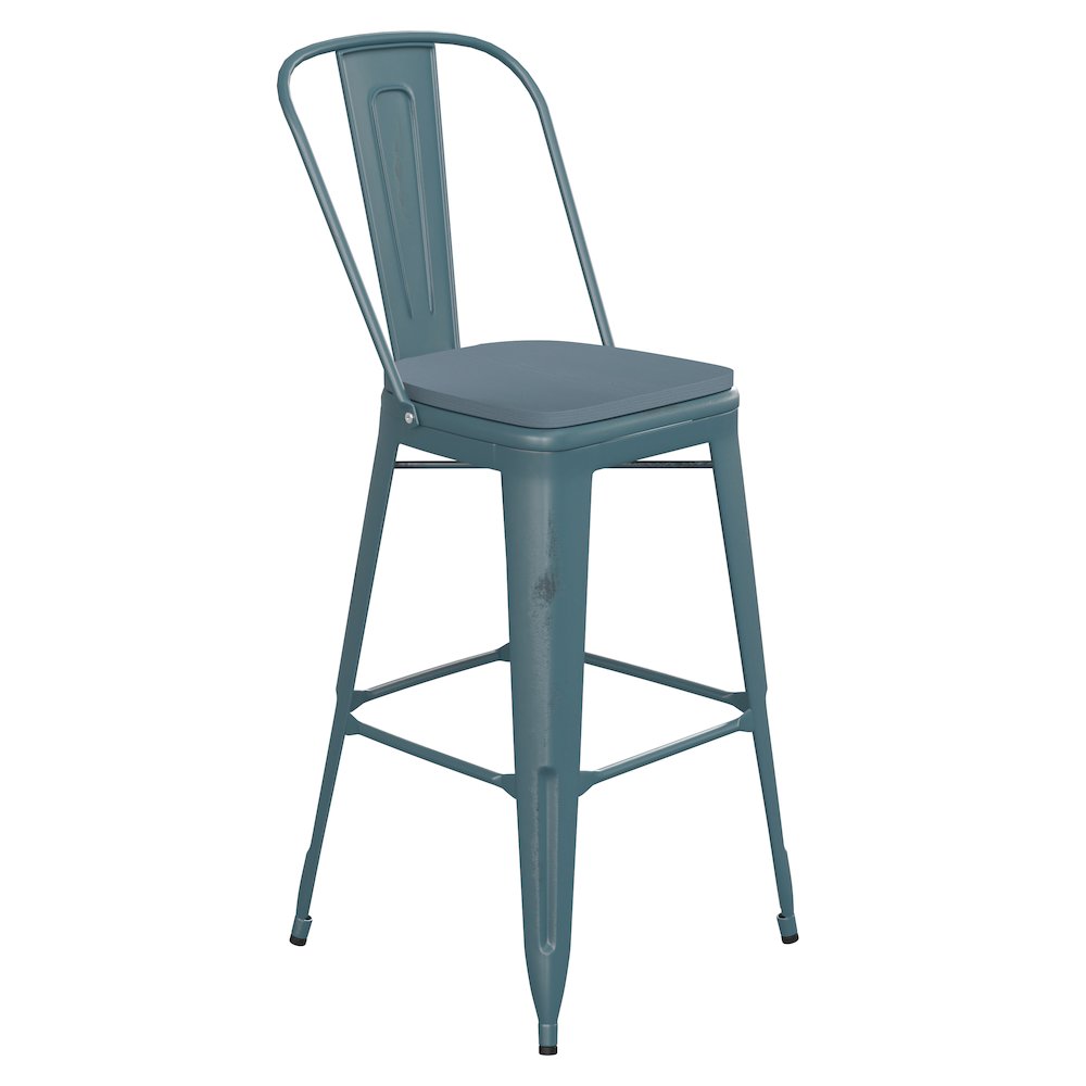 30" High Kelly Blue-Teal Metal Barstool with Teal-Blue Poly Resin Wood Seat. Picture 1