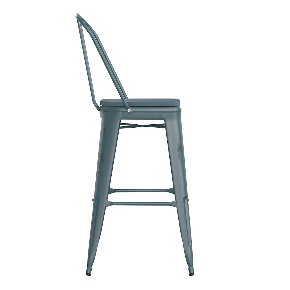 30" High Kelly Blue-Teal Metal Barstool with Teal-Blue Poly Resin Wood Seat. Picture 10