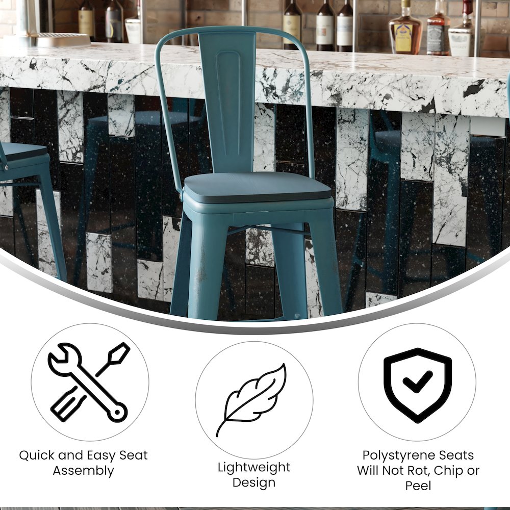30" High Kelly Blue-Teal Metal Barstool with Teal-Blue Poly Resin Wood Seat. Picture 4