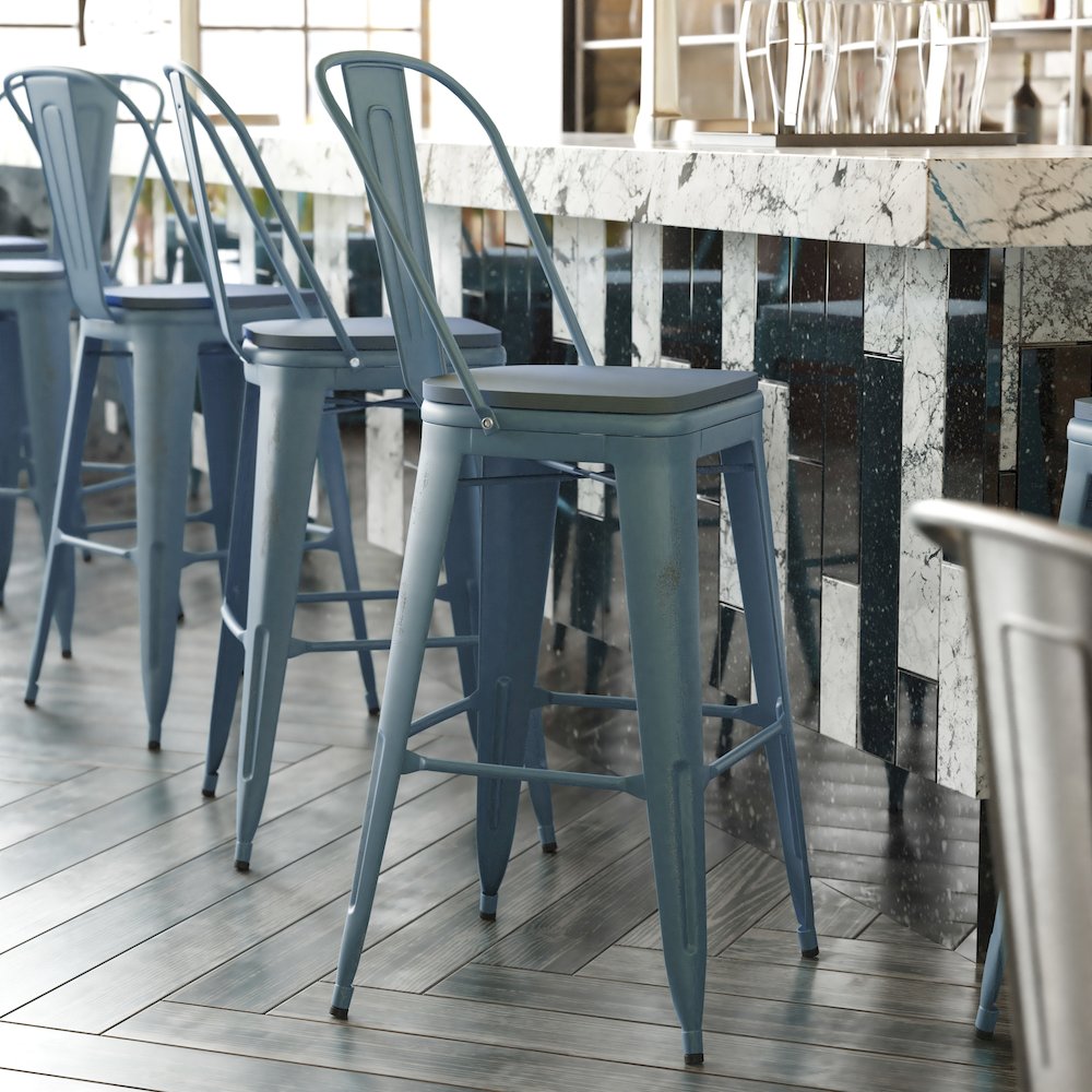 30" High Kelly Blue-Teal Metal Barstool with Teal-Blue Poly Resin Wood Seat. Picture 2
