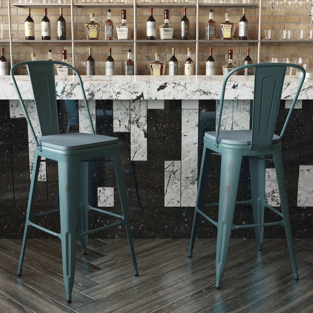 30" High Kelly Blue-Teal Metal Barstool with Teal-Blue Poly Resin Wood Seat. Picture 7